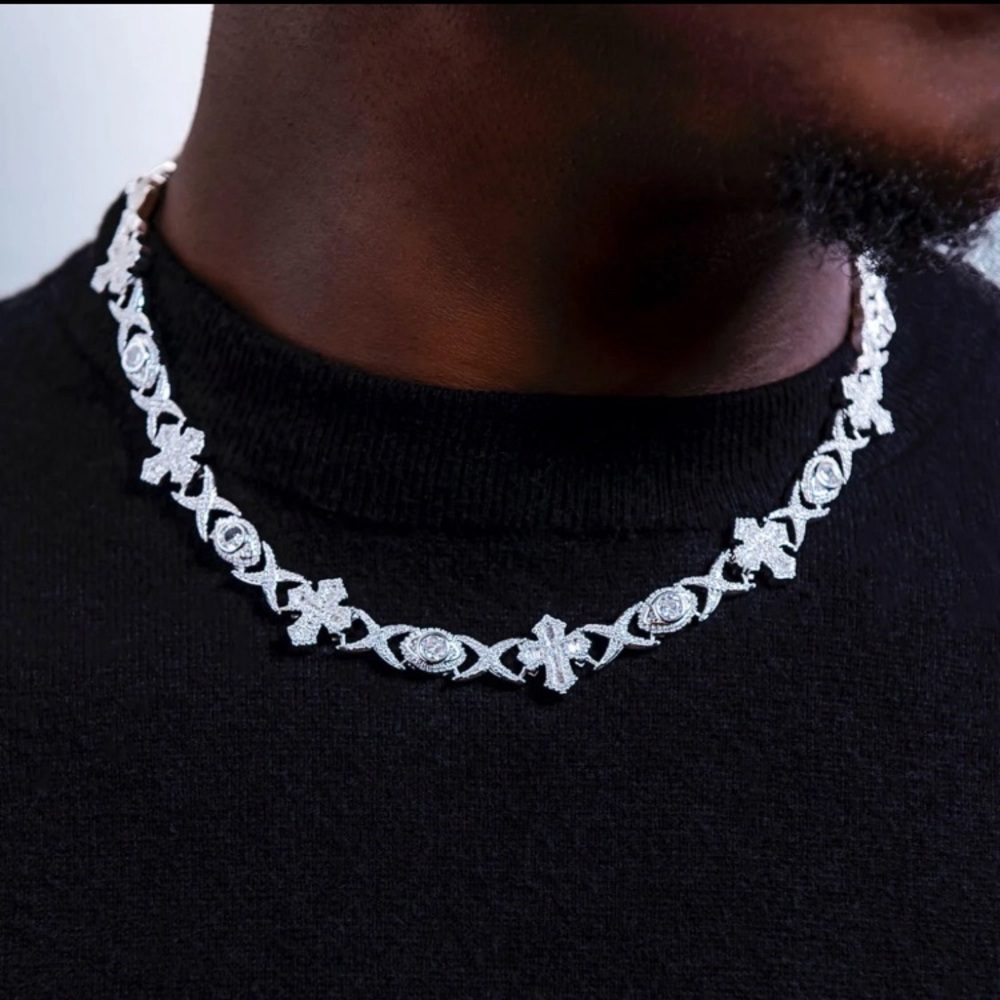 Baguette Cut Cross Evil Eye Necklace 14k White Gold Plated/ cubic zirconia